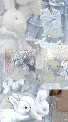 a collage of photos with white and blue items in the foreground, an image of a stuffed rabbit on top