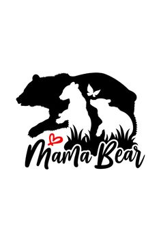 the logo for mama bear is black and white with red lettering on it's side