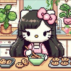 an image of hello kitty eating cookies in the kitchen