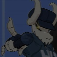 an animated image of a man with horns on his head and hands in the air