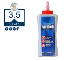 a bottle of weldbond on a white background next to a red cap