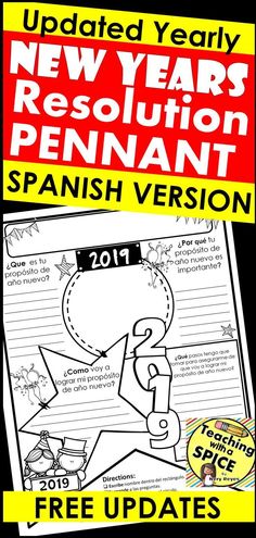 the new year's resolution for spanish version is shown in red and yellow, with an image of a cartoon character