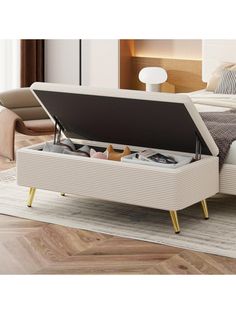 a bed with a storage compartment underneath it