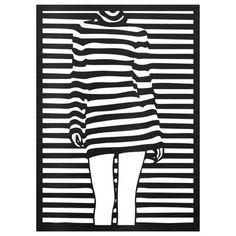 a black and white drawing of a woman in striped dress