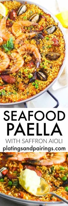 seafood paella with saffron aioli is an easy and delicious dinner recipe