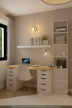 a computer desk with a laptop on it in front of a window and bookshelf