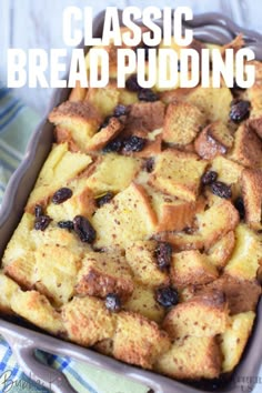 baked bread and raisins in a baking dish on a blue checkered towel