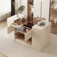 a desk with drawers and a phone on it