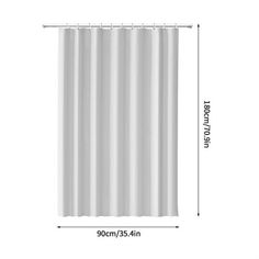 a white shower curtain with measurements for the length and width, on a white background