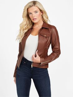 Trendy Fall Leather Jacket With Faux Pockets, Trendy Collared Biker Jacket For Fall, Trendy Fitted Faux Leather Outerwear, Trendy Faux Leather Jacket With Faux Pockets, Classic Leather Jacket With Zipper For Fall, Fitted Leather Jacket With Button Closure For Fall, Fall Faux Leather Biker Jacket With Pockets, Classic Faux Leather Jacket For Fall, Leather Jacket With Zipper For Fall