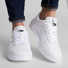 Cali Women's Sneakers, Puma White-Puma White, extralarge All White Sneakers, Puma Cali, White Puma, Sneakers Puma, White Leather Sneakers, White Sneakers Women, Sneaker Games, Puma Women, Footwear Collection