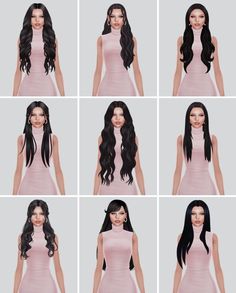 six different poses of a woman with long black hair, wearing a pink dress and posing for the camera