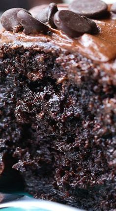 a close up of a piece of chocolate cake with chocolate chips on top and frosting