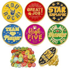 six different colored badges with the words great job, high five, and star wars on them