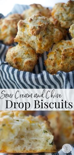 some biscuits that are on a plate with the words, your cream and chive drop biscuits