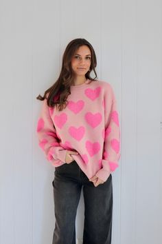 sweater top Longsleeves Baby pink with hot pink hearts Non-sheer Semi-stretching Fit: True to size SIZE CHART (Measured in inches) Size Fits Like Length Bust Small 2/4 24 44 Medium 6 24.5 46 Large 8/10 25 48 Cute Long Sleeve Soft Knit Tops, Pink Heart-shaped Top For Valentine's Day, Playful Pink Crew Neck Sweater, Heart-shaped Spring Sweater, Cute Fitted Crew Neck Sweater, Fitted Cute Crew Neck Sweater, Pink Stretch Textured Knit Sweater, Pink Fitted Tops For Valentine's Day, Fitted Crew Neck Sweater In Cute Style