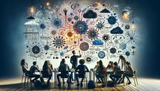 a group of people sitting at a table in front of a wall with gears on it