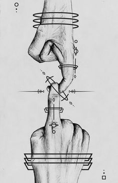 a black and white drawing of a hand touching another hand with the finger pointing towards it