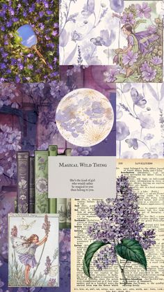 a collage of purple flowers and books