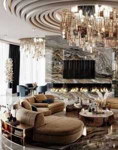 an elegant living room with chandelier and marble walls