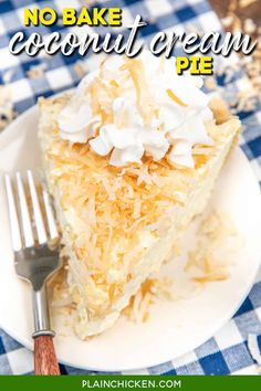 no bake coconut cream pie on a plate with a fork