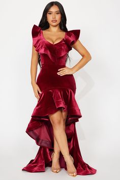 Available In Wine. Velvet Gown V-Neckline Short Ruffle Sleeves High Low Hem Stretch 95% Polyester 5% Spandex Imported | Like A Star Velvet Gown Dress in Wine size 3X by Fashion Nova Velvet Dressing Gown, Trendy Christmas Outfits, Red Velvet Dress, Velvet Gown, Gown Dress, Ruffle Sleeves, Matching Dresses, High Low Hem, Velvet Dress