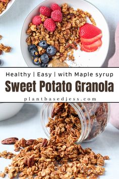 View on a bowl of sweet potato granola with milk. Smoothies Bowl, Pumpkin Overnight Oats, Maple Granola, Food Mediterranean, Healthy Sweet Potato, Cinnamon Granola, Sweet Potato Cinnamon, Vegan Granola, Vegan Breakfast Ideas