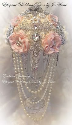 the headpiece is adorned with pearls and flowers