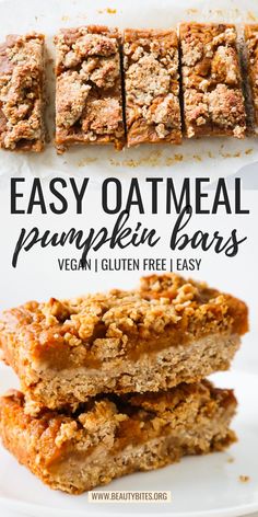 easy oatmeal pumpkin bars stacked on top of each other with text overlay