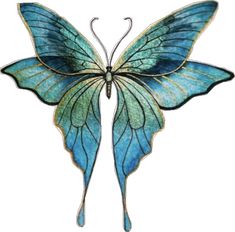 a blue butterfly with green wings on it's back and wings spread out to the side