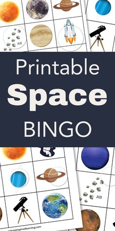 colorful bingo boards with space images and clear bingo chips on top with a navy rectangle in the middle with white text overlay. Space Bingo, Solar System Bingo Free Printable, Solar System Facts Printables, Planets Lesson Plans Solar System, Solar System Word Search Free Printable, Solar System Lessons, Bingo Card Template