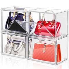 three clear acrylic boxes with purses and handbags in them on white background