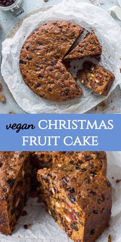 vegan christmas fruit cake with one slice cut out and the other half on top