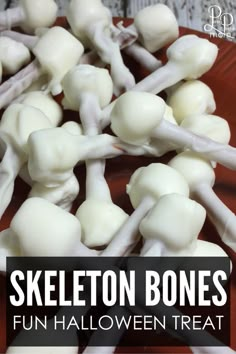 skeleton bones on a plate with text overlay that reads skeleton bones fun halloween treat