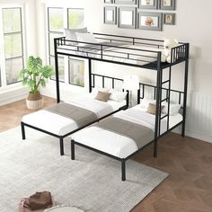 a bunk bed sitting next to a window on top of a white carpeted floor