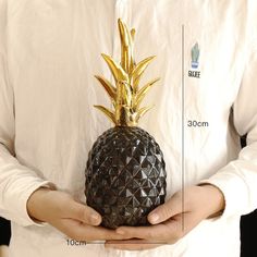 a person holding a pineapple shaped object in their hands with measurements for the size