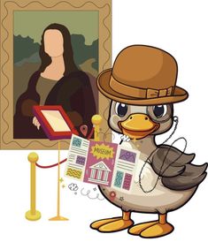 a duck wearing a hat and holding a piece of paper in front of a painting