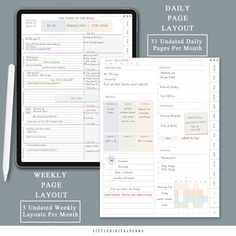 the daily planner is displayed next to a tablet with an image on it and text overlay