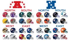 an image of football helmets with the names of each team