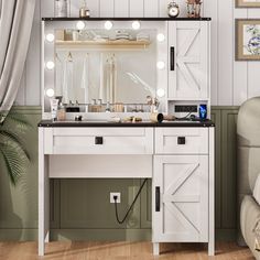 a white vanity with lights on it in a room