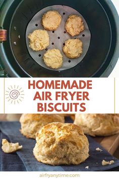 An air fryer basket with raw biscuits and cooked biscuits Biscuits In The Air Fryer, Air Fryer Biscuits, Frozen Biscuits, Flaky Biscuits, Canned Biscuits, Drop Biscuits, Biscuits Recipe