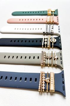 "These stackable charms will add a special touch to your watch bands! These would be great as gifts. Mix and match to create your perfect stack!  WATCH BAND NOT INCLUDED. THIS LISTING IS FOR ONE SET OF CHARMS ONLY.  SIZING: *These fit best for 38/40/42/44mm apple watch sport bands but will fit any band size that is about 3/4\" wide.  HOW TO ORDER: *Please review photos and select the style number from the drop down menu.  CARE INSTRUCTIONS: *Please don't expose to water, perfumes, or lotion. Thi Neutral Apple Watch Band, Watch Band Charms Diy, Diy Watch Charms, Apple Watch Jewelry Stack, Aesthetic Apple Watch Bands, Apple Watch Band Storage, Apple Watch Band Charms, Apple Watch Charms, Apple Watch Charm