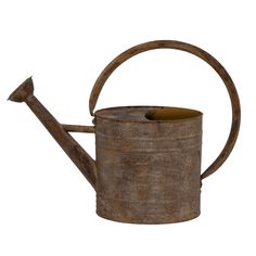 an old metal watering can with a wooden handle