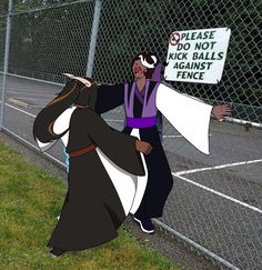 a cartoon character holding up a sign in front of a chain link fence that says please do not pull my balls against fence