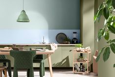 a kitchen with green and blue walls, wooden furniture and plants on the countertop