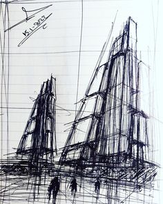 a drawing of two people walking in front of a tall ship