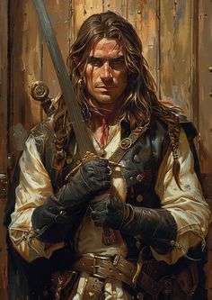 a painting of a man with long hair holding two swords