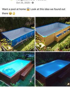 an above ground swimming pool is shown in four different pictures, and the bottom one has been