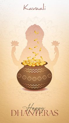 a happy diwali greeting card with a pot full of gold coins and a woman's silhouette