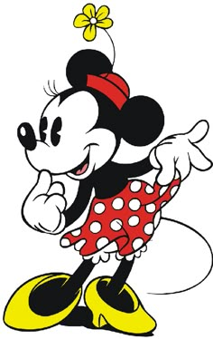 minnie mouse with polka dots on it's skirt and headband, standing in front of